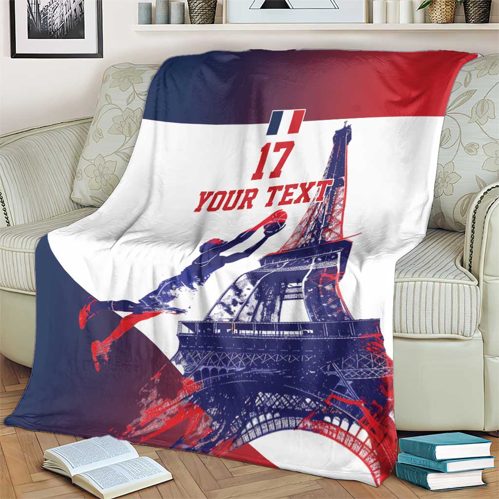 Basketball throw blanket with France colors, Eiffel Tower artwork, and number 17