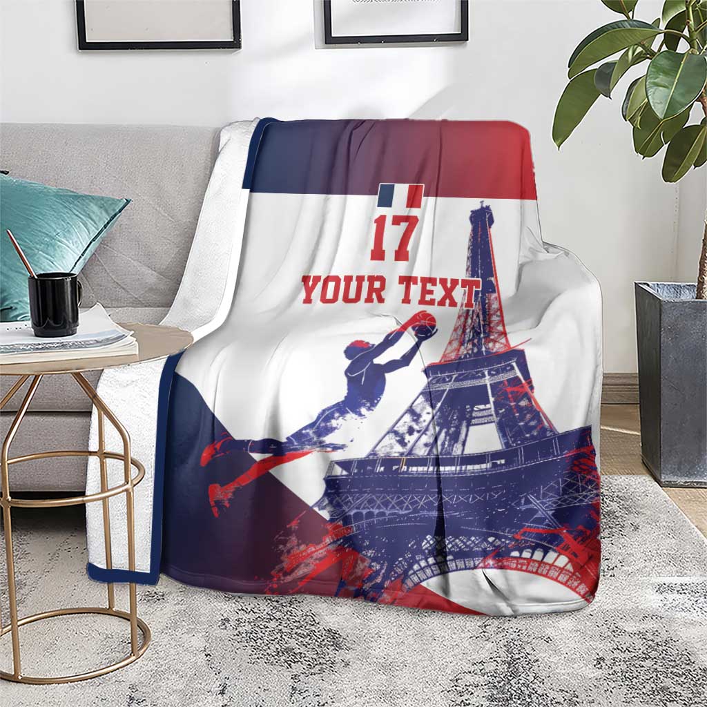 France basketball blanket draped over a chair with Eiffel Tower and “YOUR TEXT”