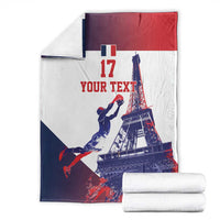 Folded France basketball blanket with Eiffel Tower design, player graphic, and “YOUR TEXT”