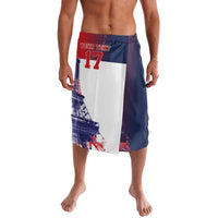 Knee-length sporty shorts with Eiffel Tower graphic and white red blue panel