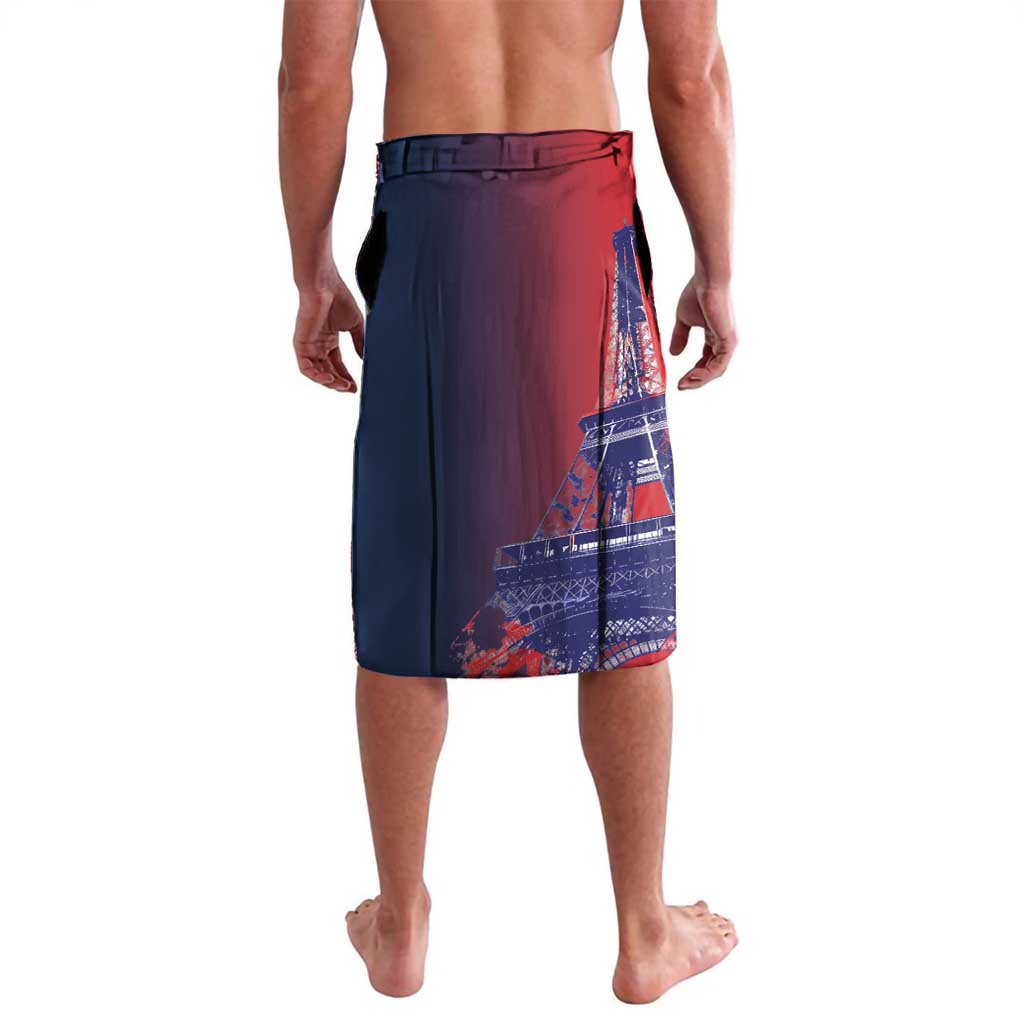 Navy knee-length sporty shorts with Eiffel Tower graphic and red blue accents