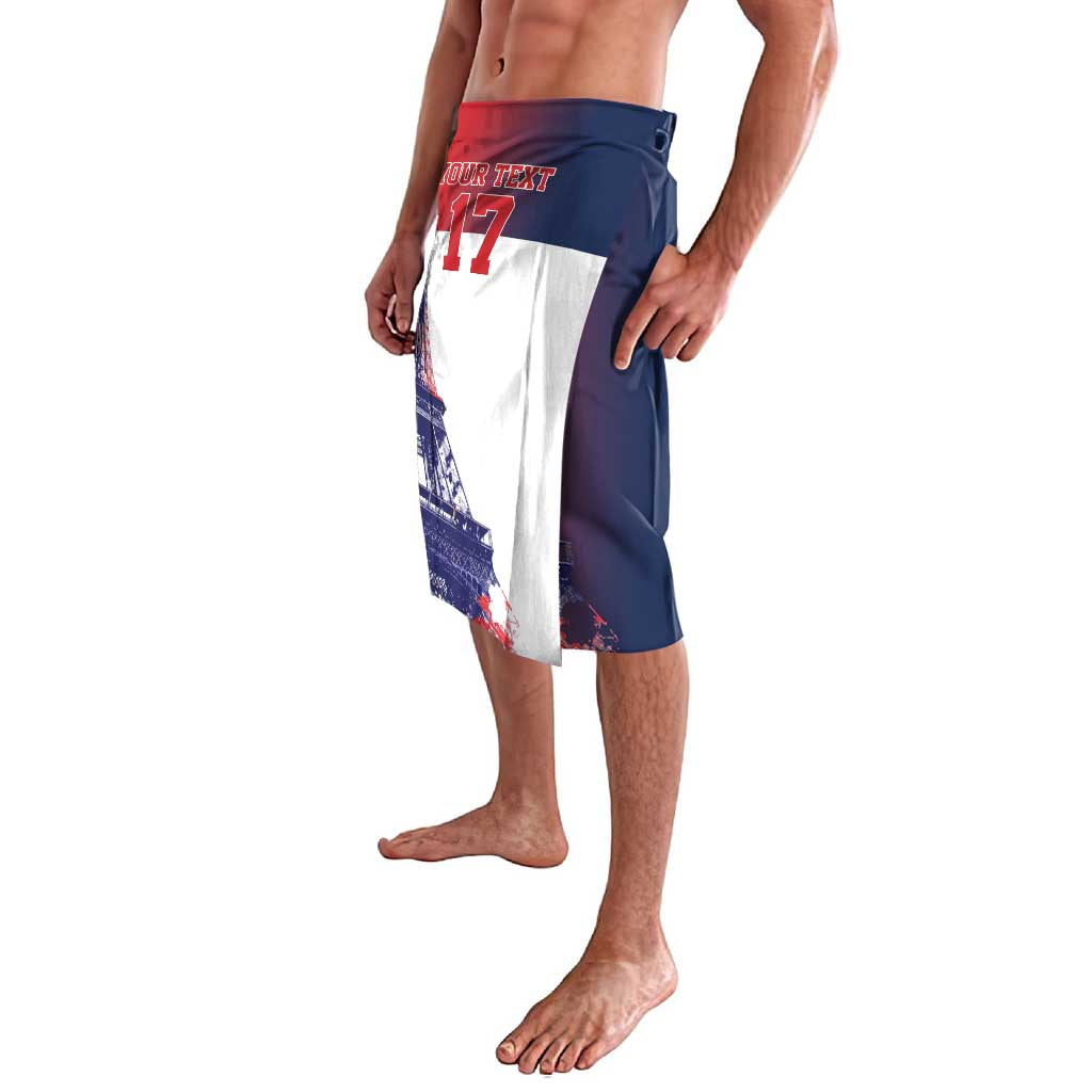 Navy knee-length sporty shorts with Eiffel Tower print and white front panel