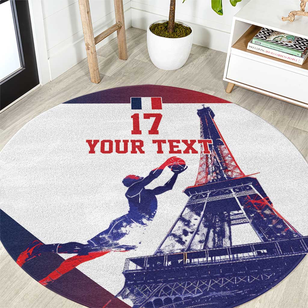 Round white basketball-themed carpet with Eiffel Tower graphic and red “17” design