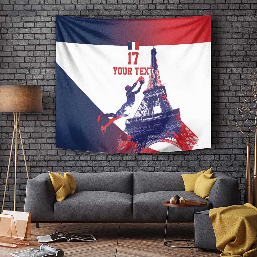 France basketball tapestry with Eiffel Tower and hoop, tricolor blue white red.