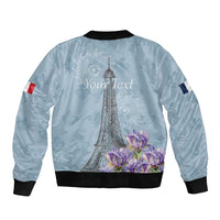 Personalized Fance Le 14 Juillet Sleeve Zip Bomber Jacket Eiffel Tower with Iris Flower