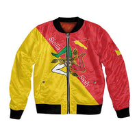 Red & yellow bomber jacket with front zipper, ribbed cuffs, Sicily emblem print