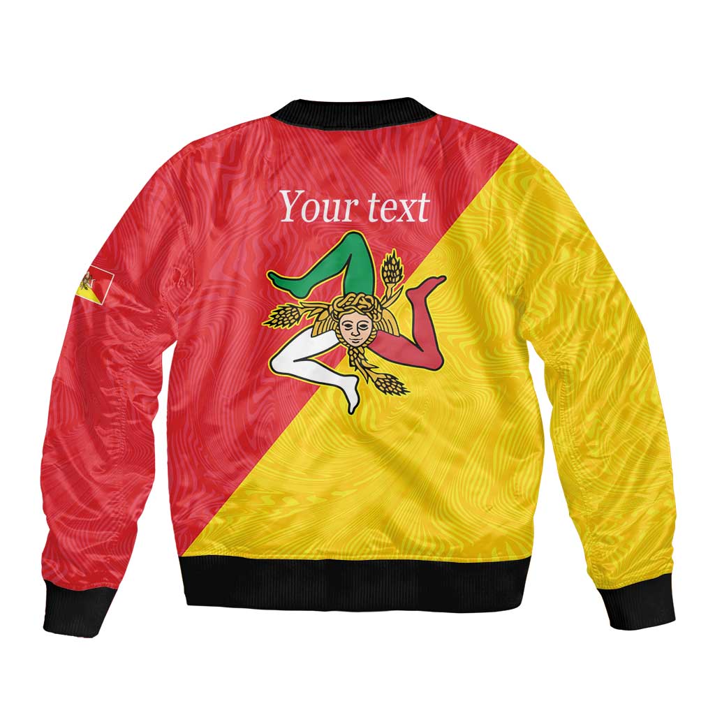 Back view bomber jacket in red & yellow with 'Your text' and Sicily emblem print