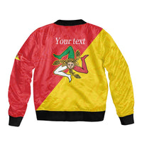 Back view bomber jacket in red & yellow with 'Your text' and Sicily emblem print