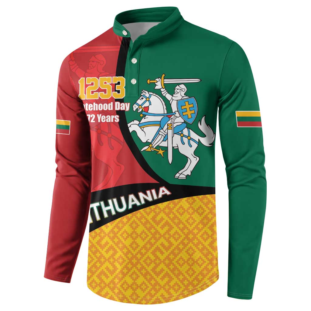 Front view button sweatshirt with green collar, red left panel, yellow bottom panel graphic