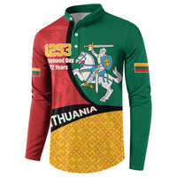 Front view button sweatshirt with green collar, red left panel, yellow bottom panel graphic