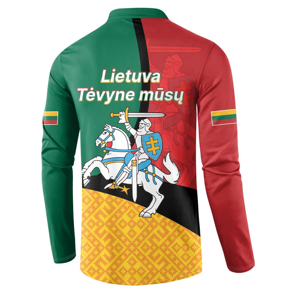 Button sweatshirt with back graphic in green, red, yellow, and black with Lithuanian text