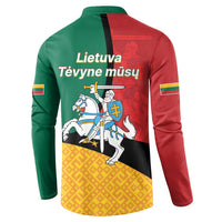 Button sweatshirt with back graphic in green, red, yellow, and black with Lithuanian text