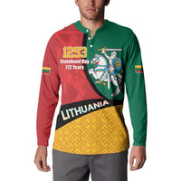 Mens button sweatshirt on model, front graphic with knight and “LITHUANIA” lettering