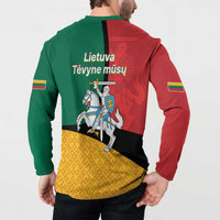 Back view button sweatshirt on model, green and red panels with Lithuanian message