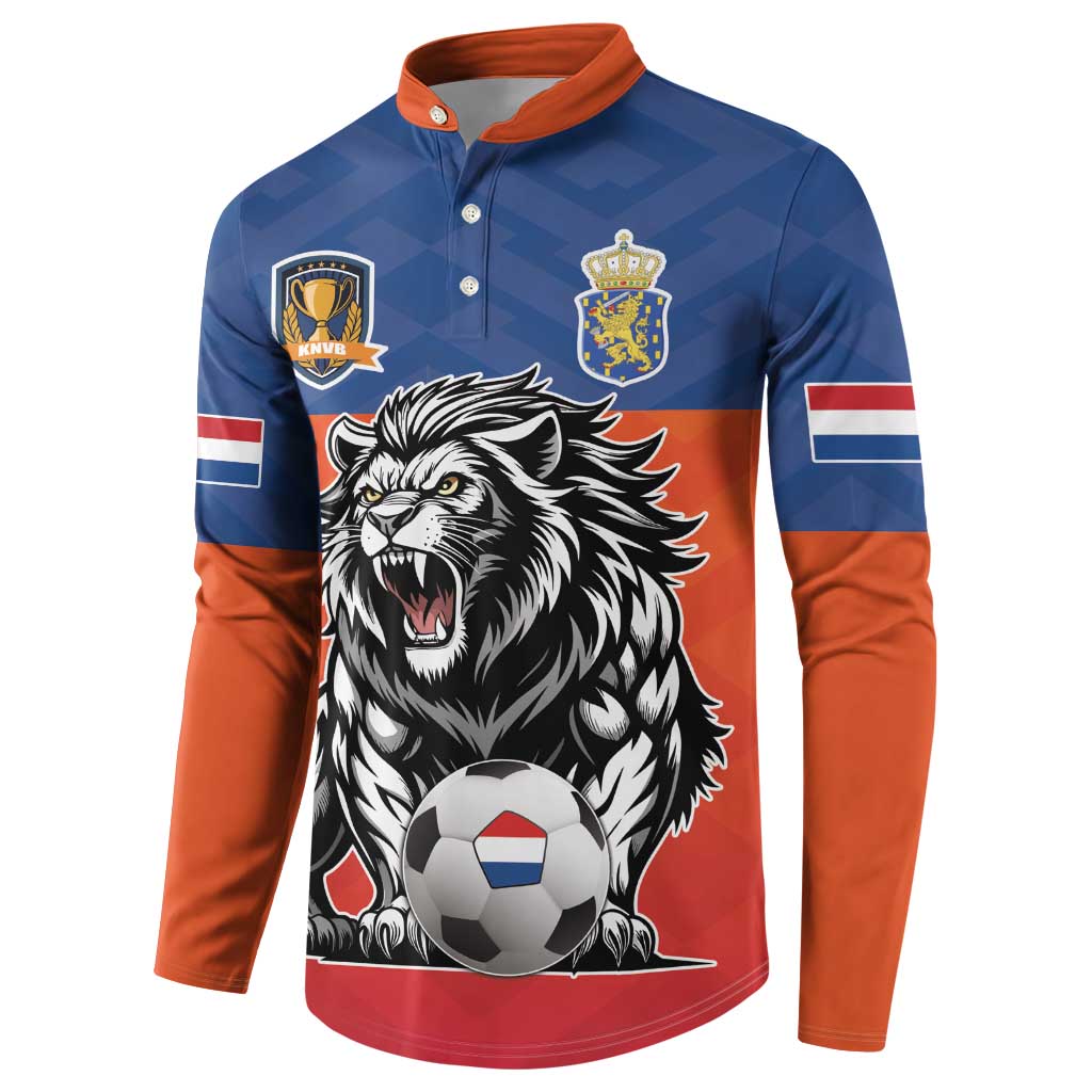 Blue button sweatshirt with roaring lion, soccer ball graphic, and orange-trim sleeves