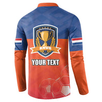 Back button sweatshirt with KNVB trophy crest and 'YOUR TEXT' over blue-to-orange gradient