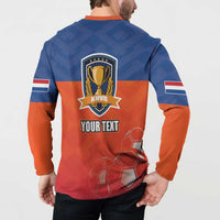Back button sweatshirt with trophy crest and 'YOUR TEXT', blue-to-orange gradient