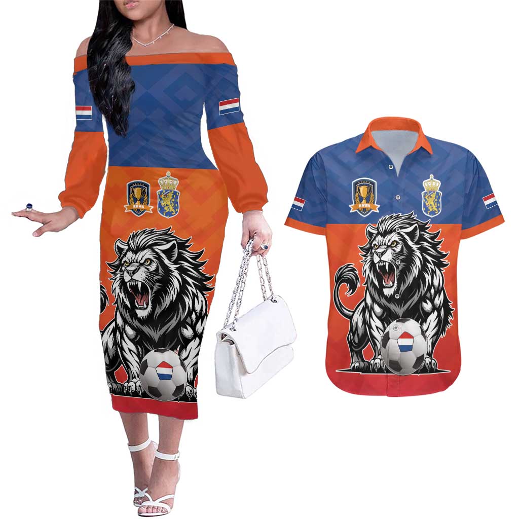 Netherlands Football Couples Matching Off The Shoulder Long Sleeve Dress and Hawaiian Shirt Oranje Lion Go Champion