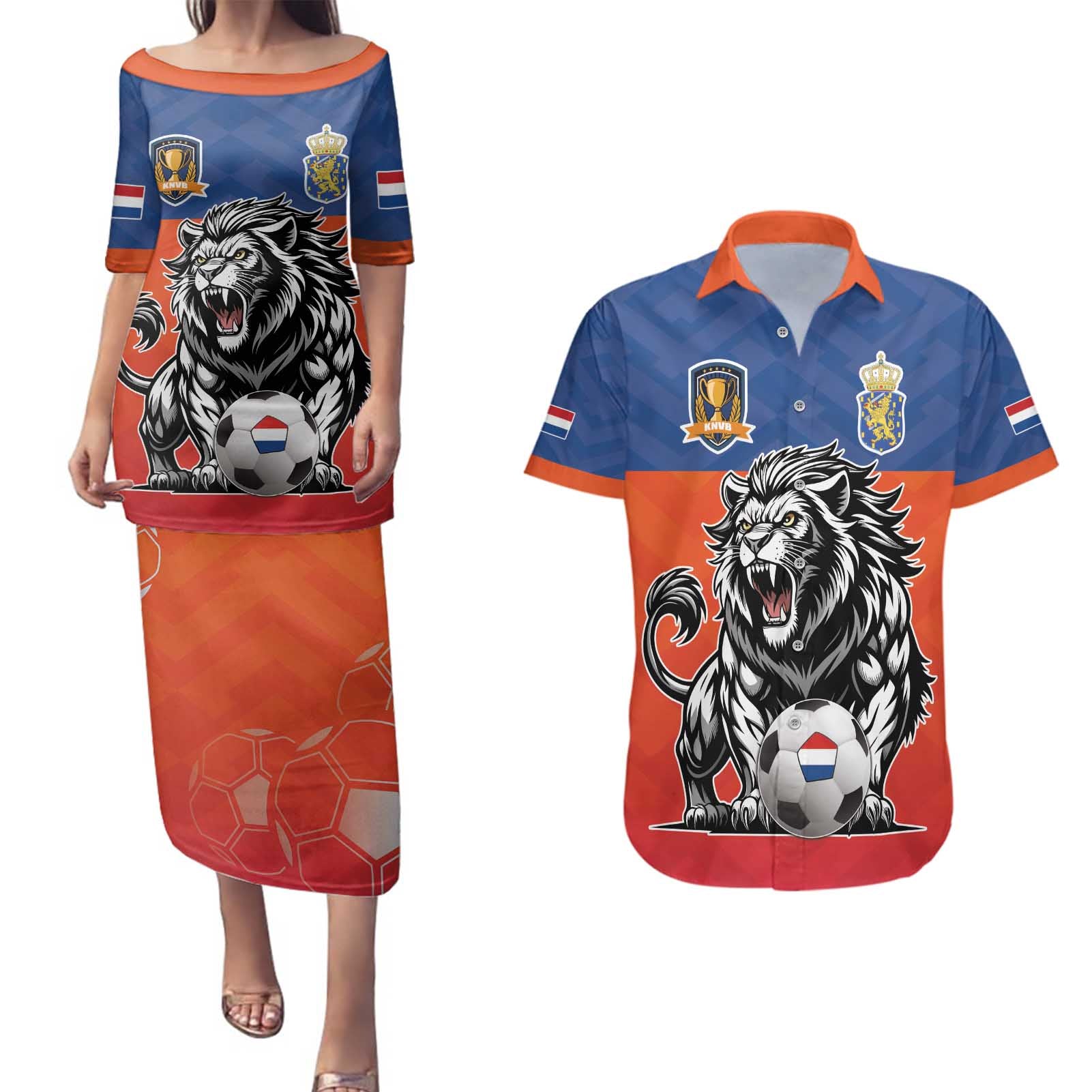 Netherlands Football Couples Matching Puletasi and Hawaiian Shirt Oranje Lion Go Champion