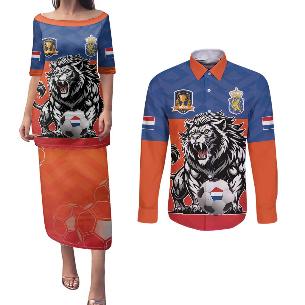 Netherlands Football Couples Matching Puletasi and Long Sleeve Button Shirt Oranje Lion Go Champion