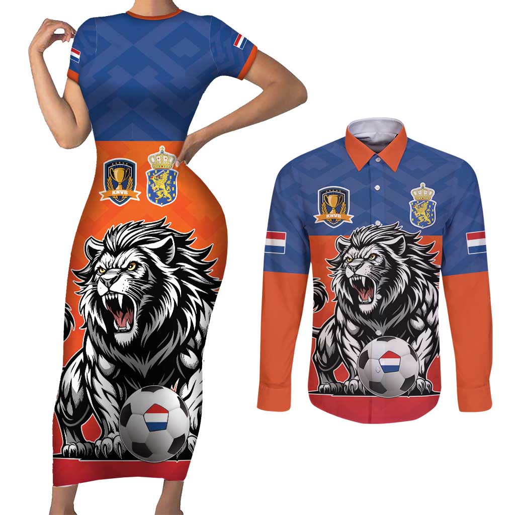 Netherlands Football Couples Matching Short Sleeve Bodycon Dress and Long Sleeve Button Shirt Oranje Lion Go Champion