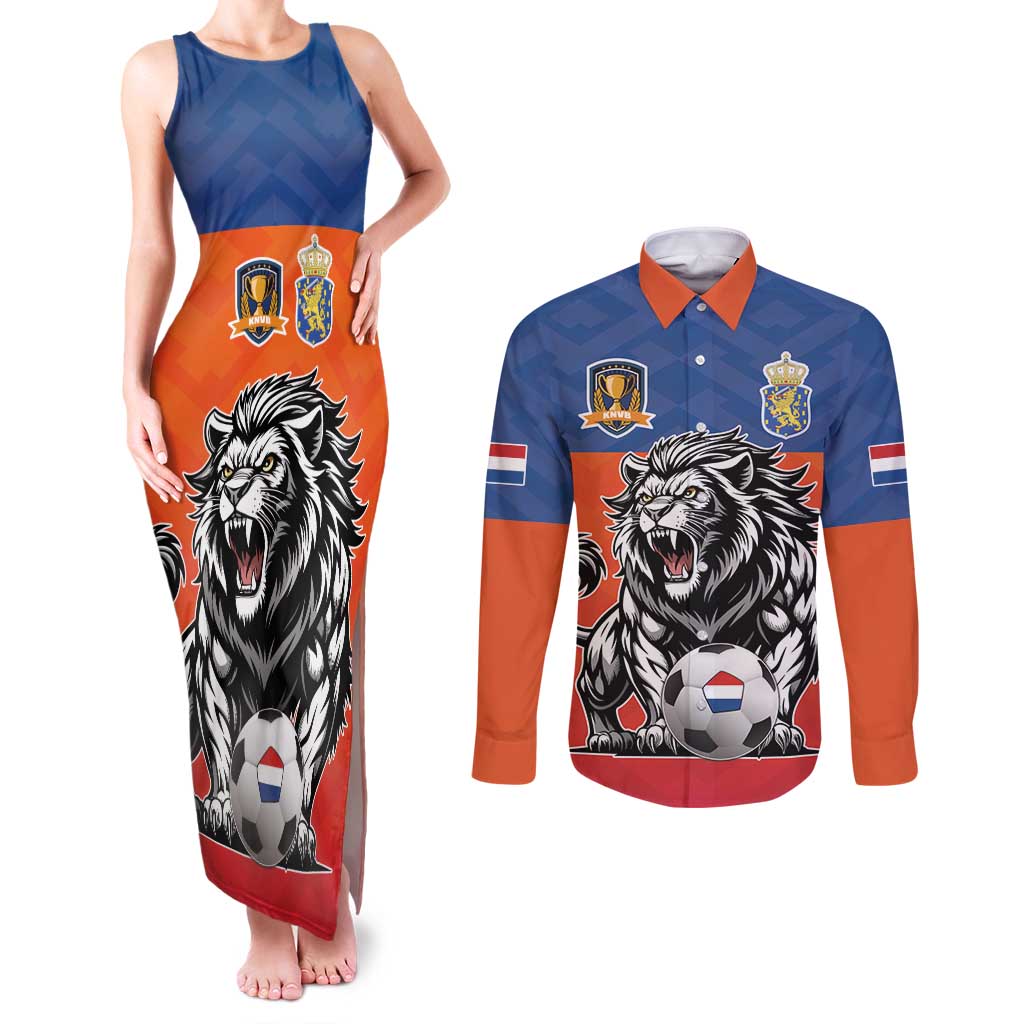 Netherlands Football Couples Matching Tank Maxi Dress and Long Sleeve Button Shirt Oranje Lion Go Champion