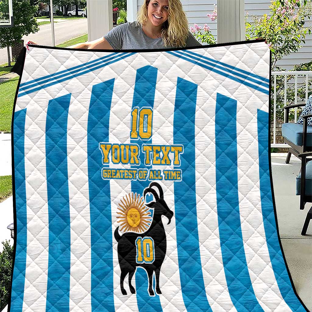 Personalized Argentina quilt with blue-and-white vertical stripes and crowned goat graphic