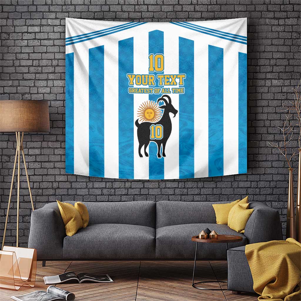 Personalized Argentina tapestry with blue-and-white stripes and black goat graphic, “10” text