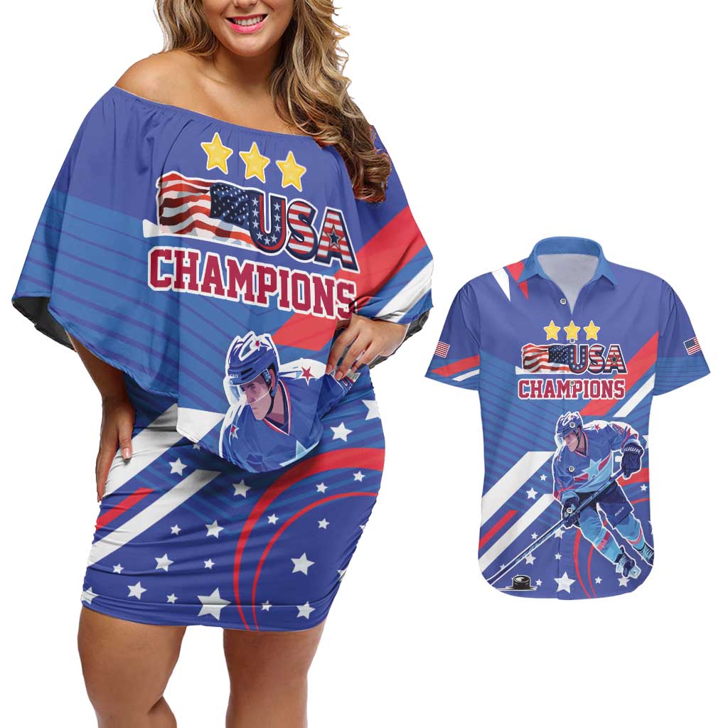 Custom United States Ice Hockey Couples Matching Off Shoulder Short Dress and Hawaiian Shirt USA Go Champions Sporty Style