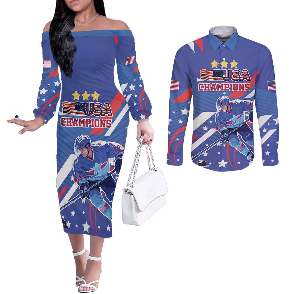 Custom United States Ice Hockey Couples Matching Off The Shoulder Long Sleeve Dress and Long Sleeve Button Shirt USA Go Champions Sporty Style