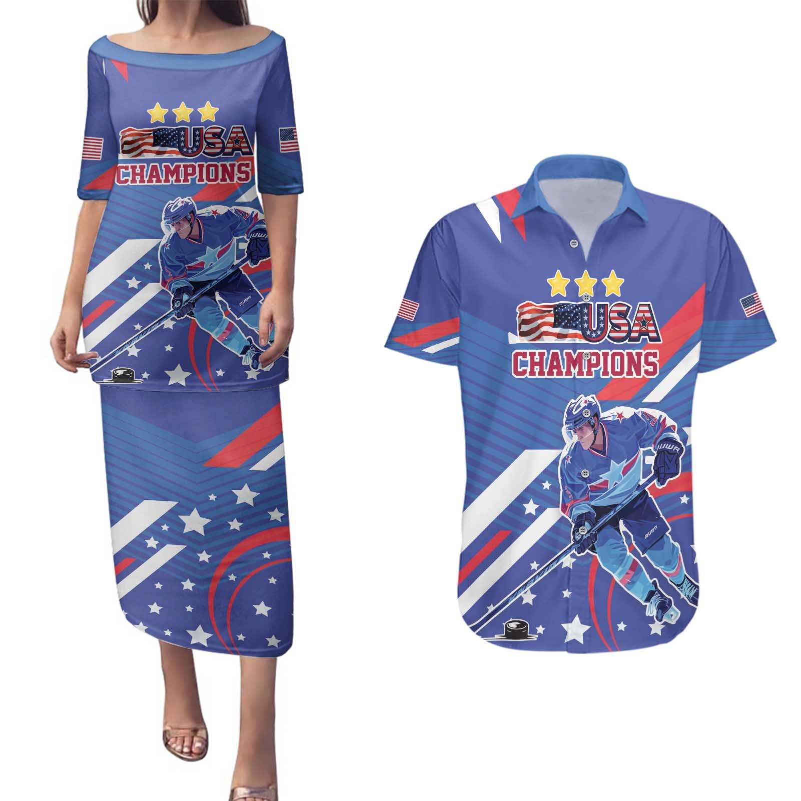 Custom United States Ice Hockey Couples Matching Puletasi and Hawaiian Shirt USA Go Champions Sporty Style