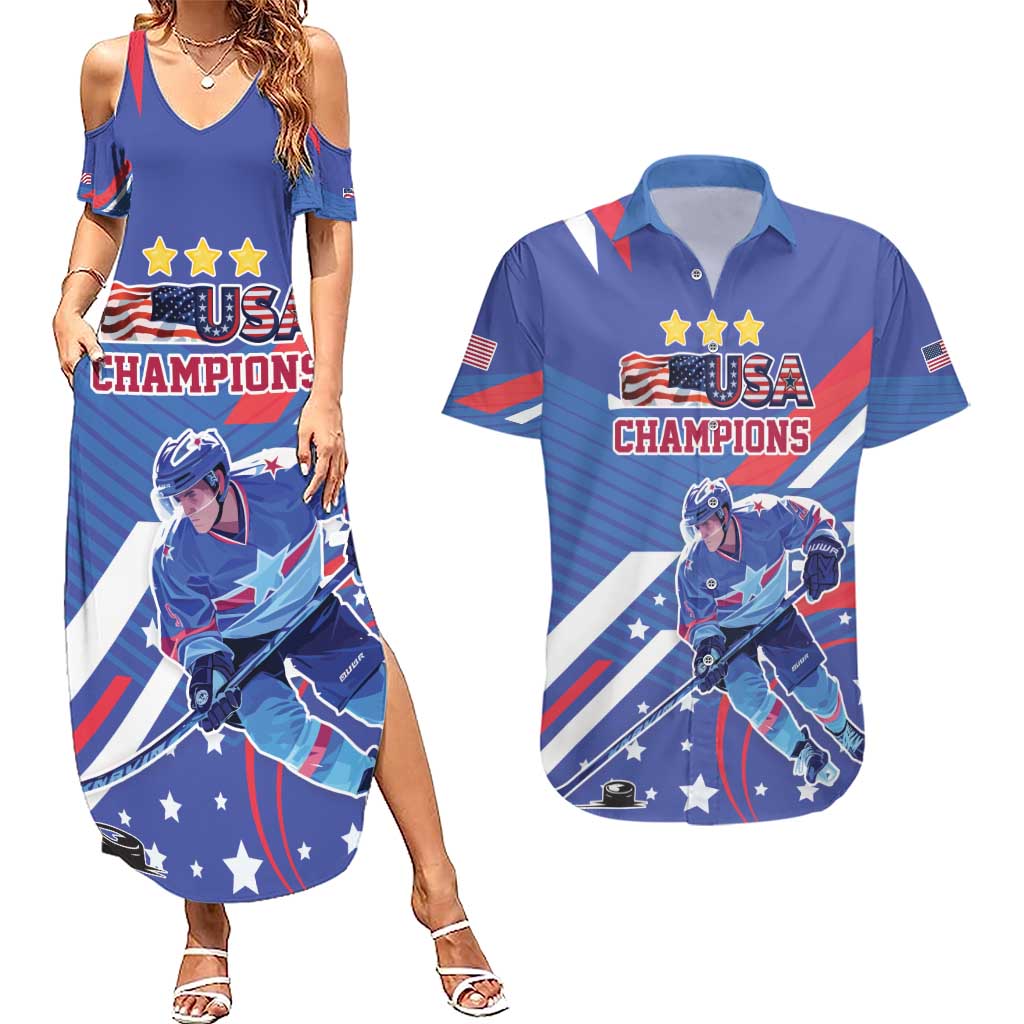 Custom United States Ice Hockey Couples Matching Summer Maxi Dress and Hawaiian Shirt USA Go Champions Sporty Style