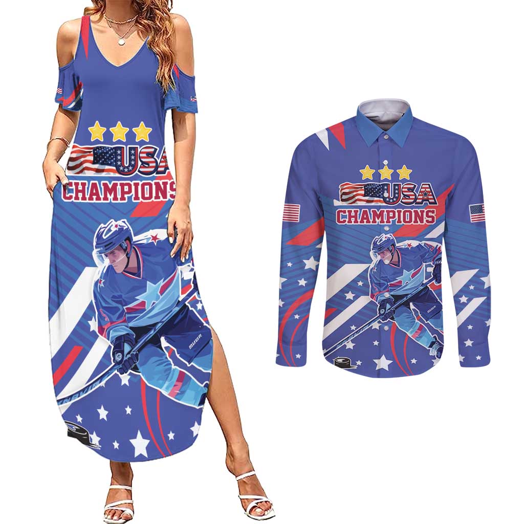 Custom United States Ice Hockey Couples Matching Summer Maxi Dress and Long Sleeve Button Shirt USA Go Champions Sporty Style