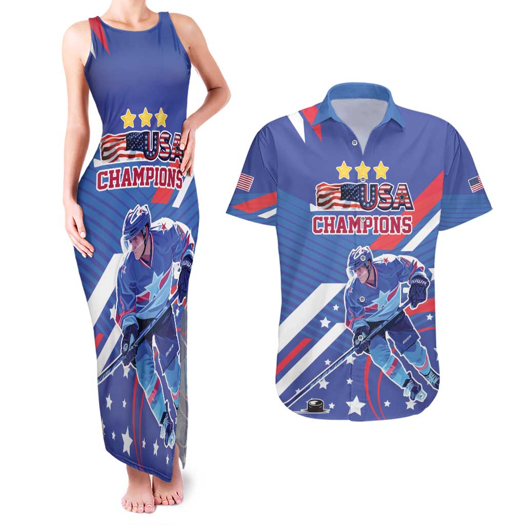 Custom United States Ice Hockey Couples Matching Tank Maxi Dress and Hawaiian Shirt USA Go Champions Sporty Style