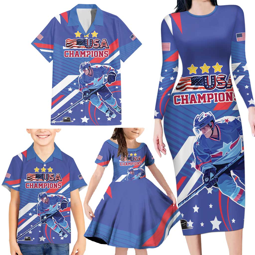 Custom United States Ice Hockey Family Matching Long Sleeve Bodycon Dress and Hawaiian Shirt USA Go Champions Sporty Style