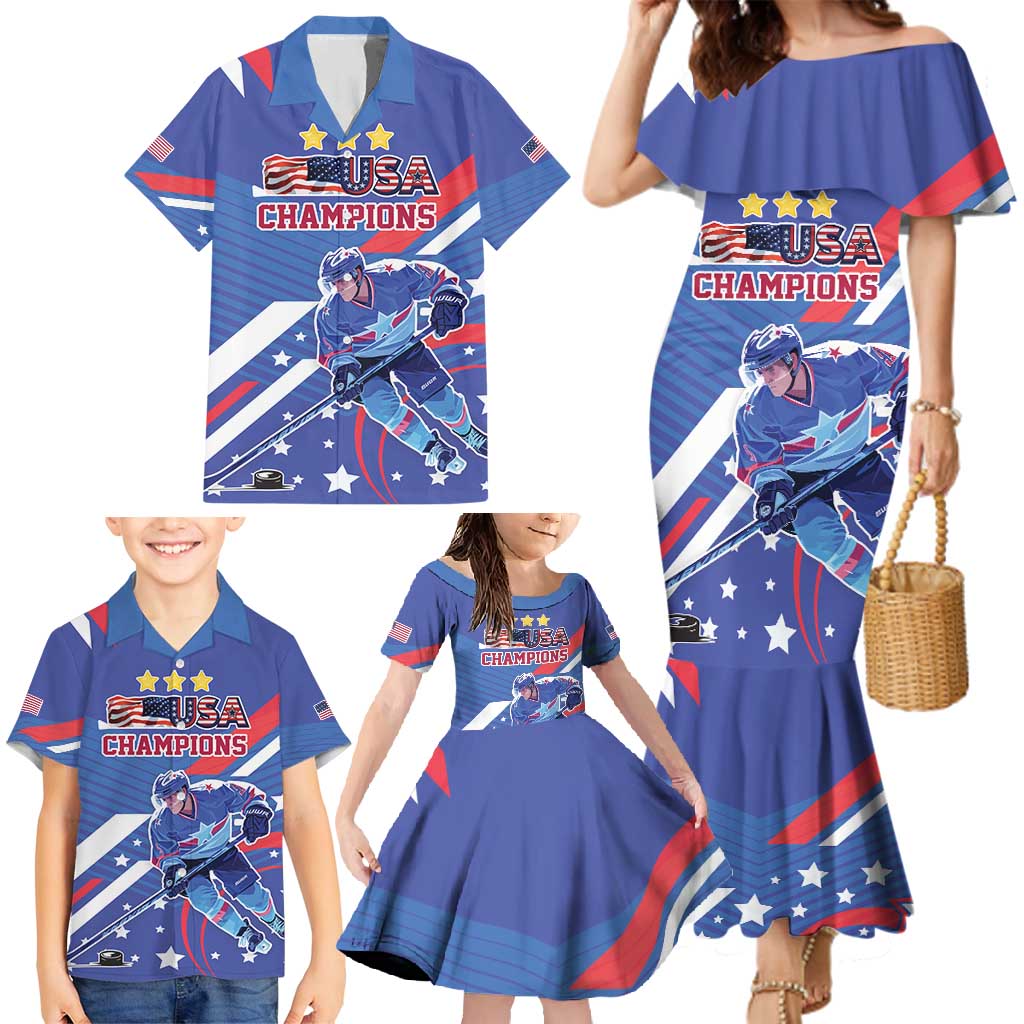 Custom United States Ice Hockey Family Matching Mermaid Dress and Hawaiian Shirt USA Go Champions Sporty Style