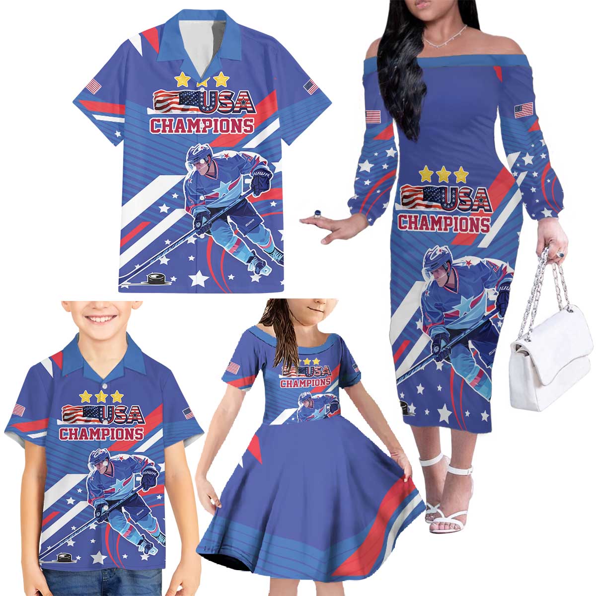 Custom United States Ice Hockey Family Matching Off The Shoulder Long Sleeve Dress and Hawaiian Shirt USA Go Champions Sporty Style