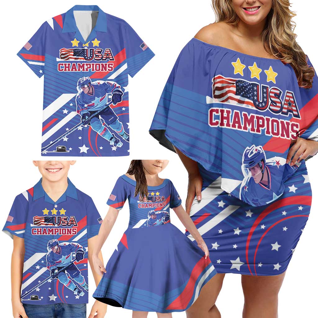 Custom United States Ice Hockey Family Matching Off Shoulder Short Dress and Hawaiian Shirt USA Go Champions Sporty Style