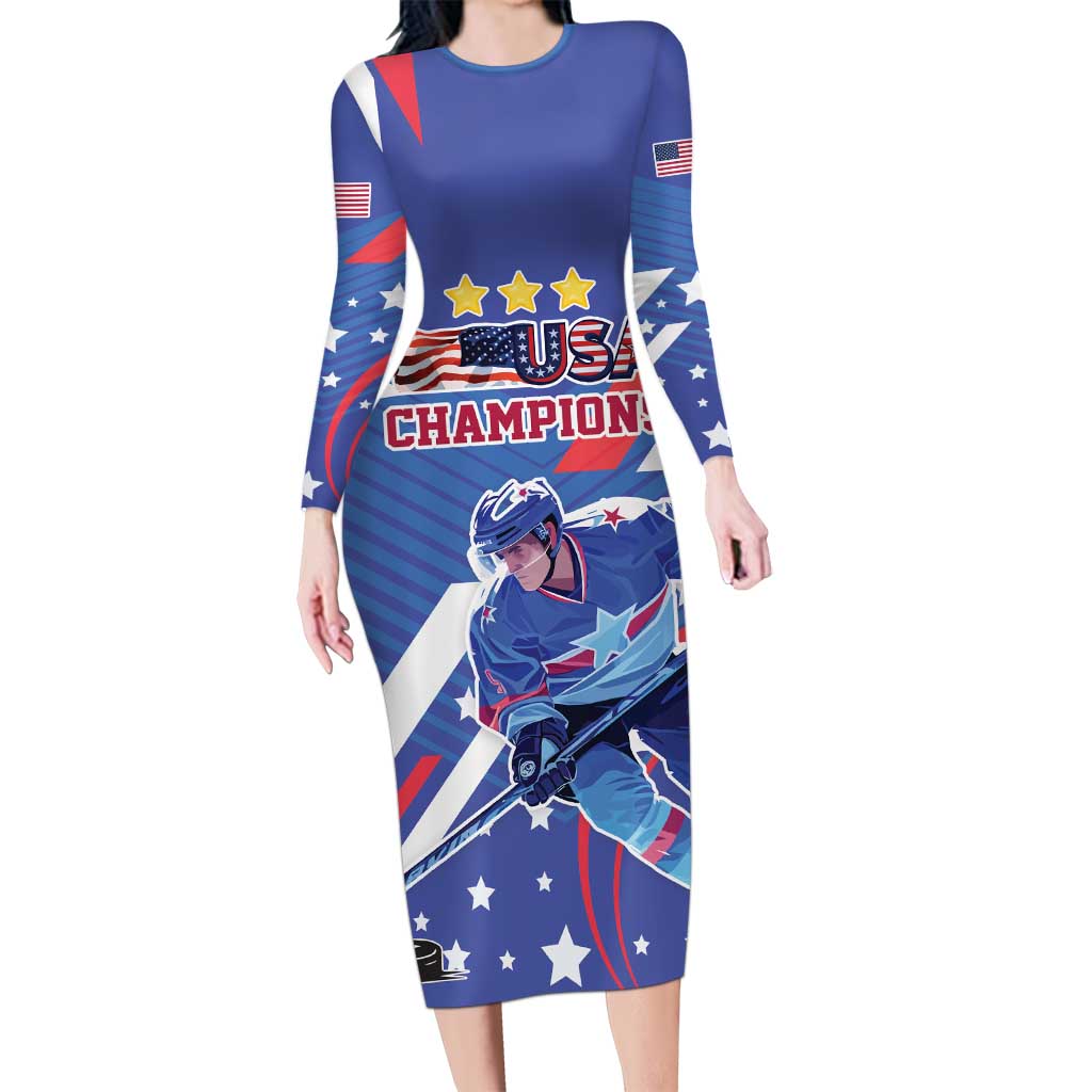 Custom United States Ice Hockey Long Sleeve Bodycon Dress USA Go Champions Sporty Style