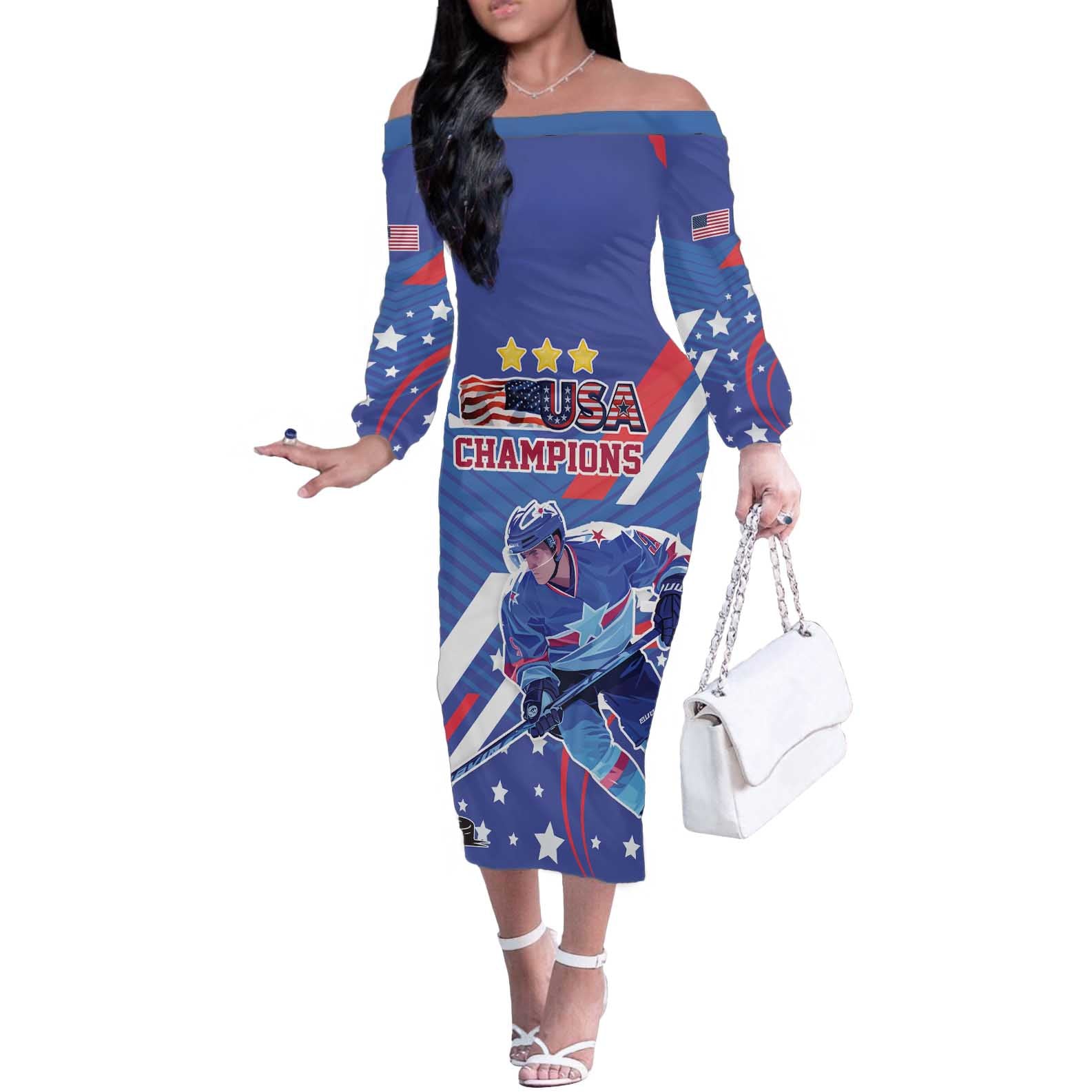 Custom United States Ice Hockey Off The Shoulder Long Sleeve Dress USA Go Champions Sporty Style