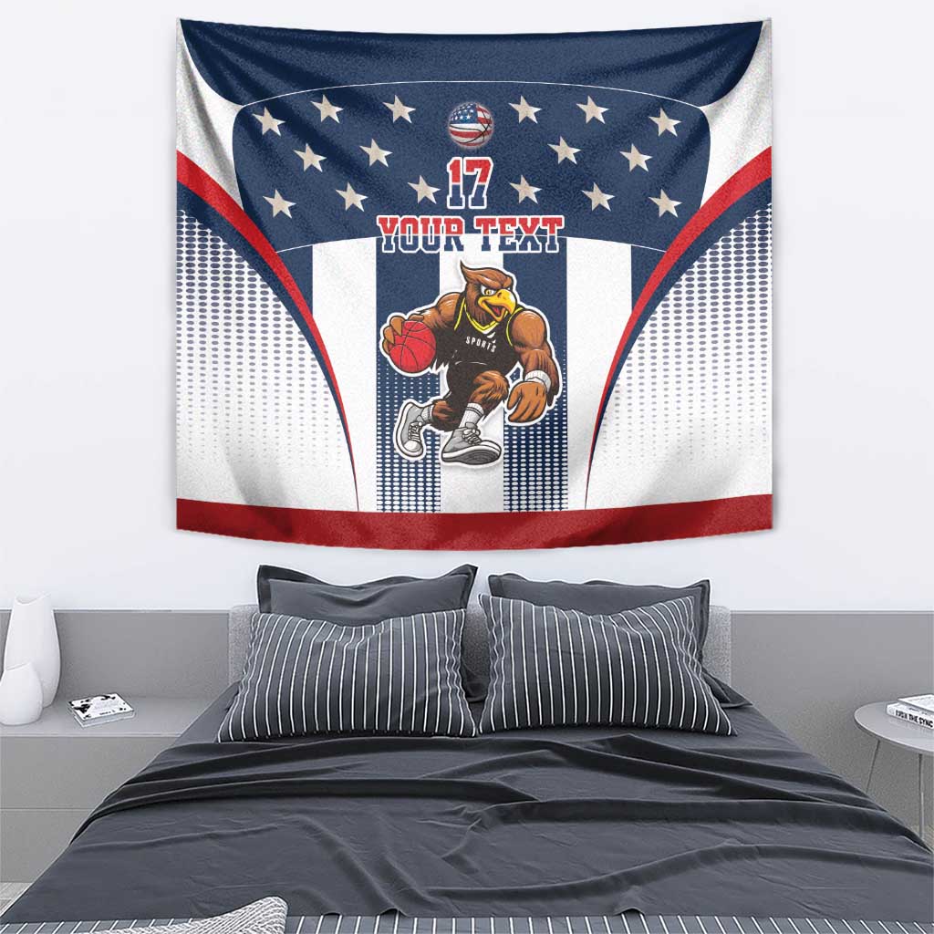 Basketball tapestry in red, white, and blue with eagle mascot and star border