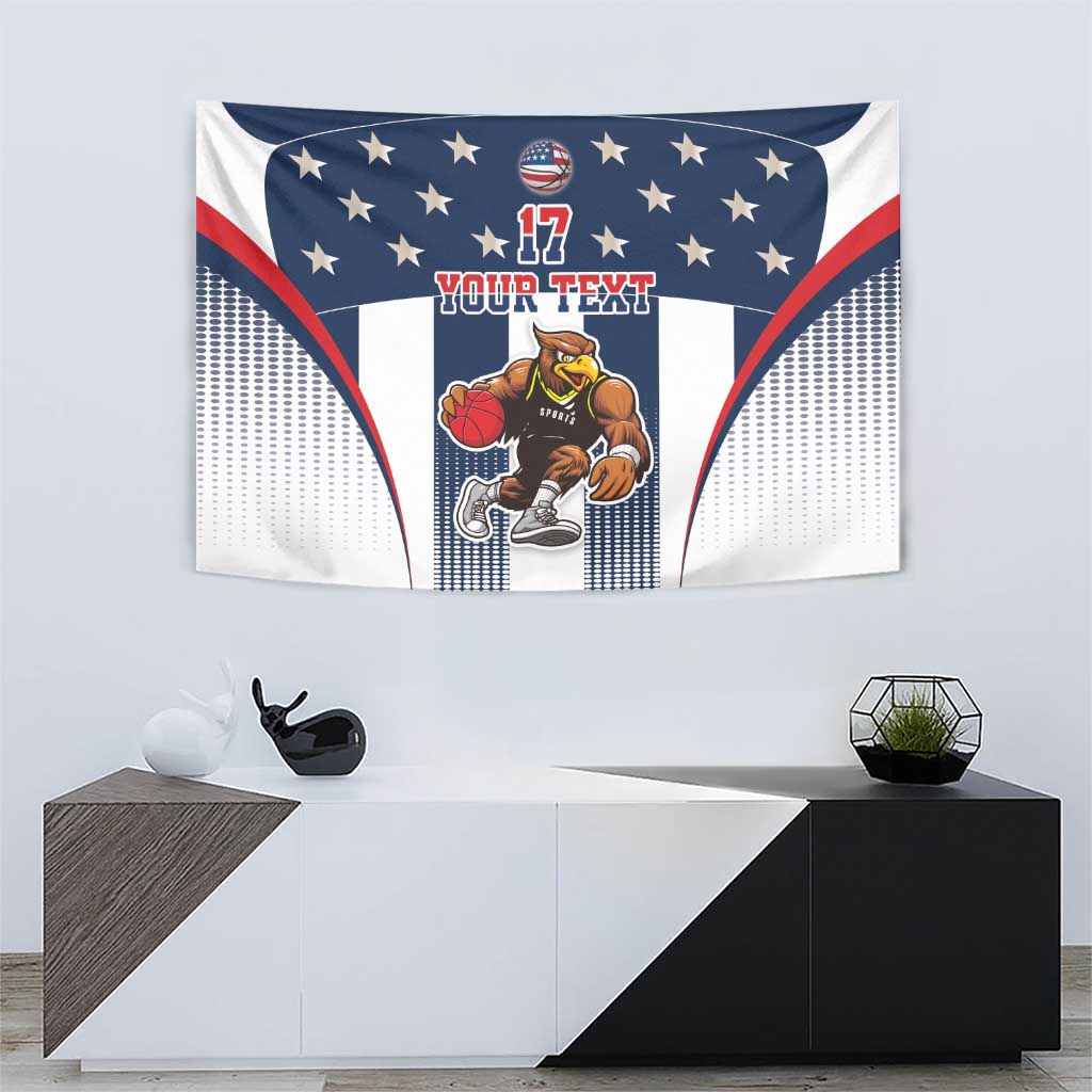 Basketball wall tapestry in red, white, and blue featuring eagle mascot, stars, and text