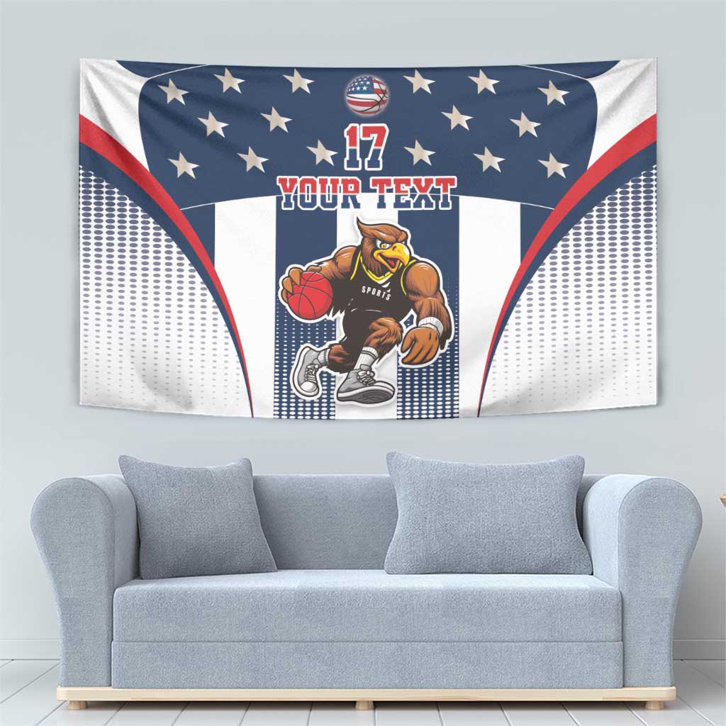 Basketball tapestry in red, white, and blue with eagle mascot and dotted star pattern