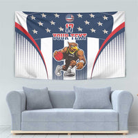 Basketball tapestry in red, white, and blue with eagle mascot and dotted star pattern