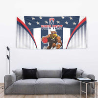 Basketball tapestry in red, white, and blue with eagle mascot, stars, and 'YOUR TEXT'