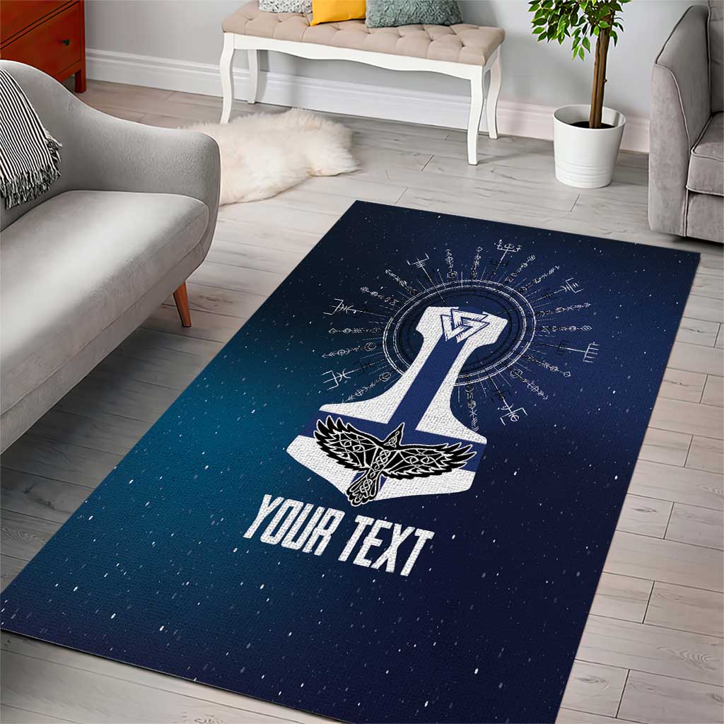 Dark blue rectangular area rug featuring a Viking hammer rune emblem and custom text