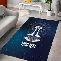 Dark blue rectangular area rug featuring a Viking hammer rune emblem and custom text