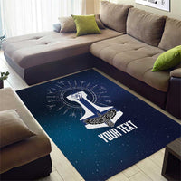 Dark blue Viking area rug with central hammer rune symbol and custom text lettering