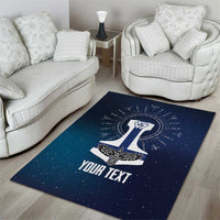 Dark blue rectangular rug with Viking hammer runes, circular emblem, and custom text