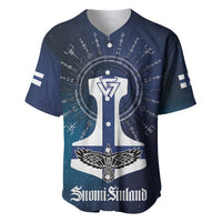 Dark blue baseball jersey with white hammer emblem, runes, and Suomi Finland lettering